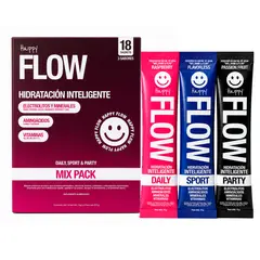 HAPPYFLOW - Bebida Hidratante con electrolitos HAPPY FLOW Mix 18 sachet sabor Frambuesa, Maracuyá y sin sabor