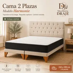 GENERICO - Cama 2 Plazas Beige Box Base Dividida Colchón Híbrido Bonell Respaldo Capitoné