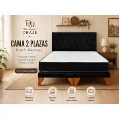 GENERICO - Cama 2 Plazas Colchón Hibrido Bonell Box Respaldo Capitone Felpa Negro