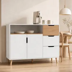 GENERICO - Estante Organizador Nórdico 110x39x82 cm 3 Cajones 2 Puertas MDF 1.2 mm Blanco Madera