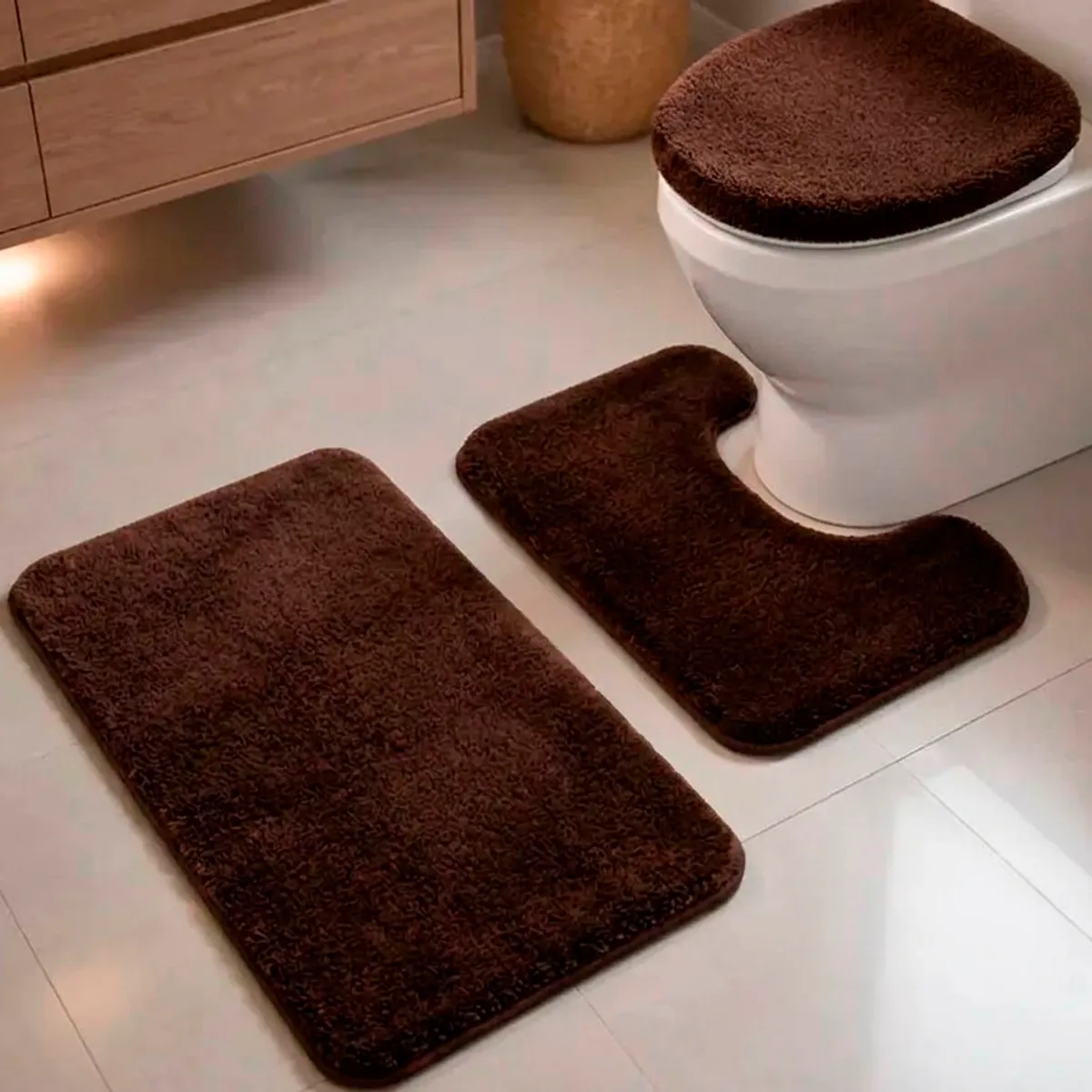 Set De Baño Juego De Baño Alfombras Baño Cubre Tapa Wc 3 en 1 Cafe, marca GENERICO - Foto Principal