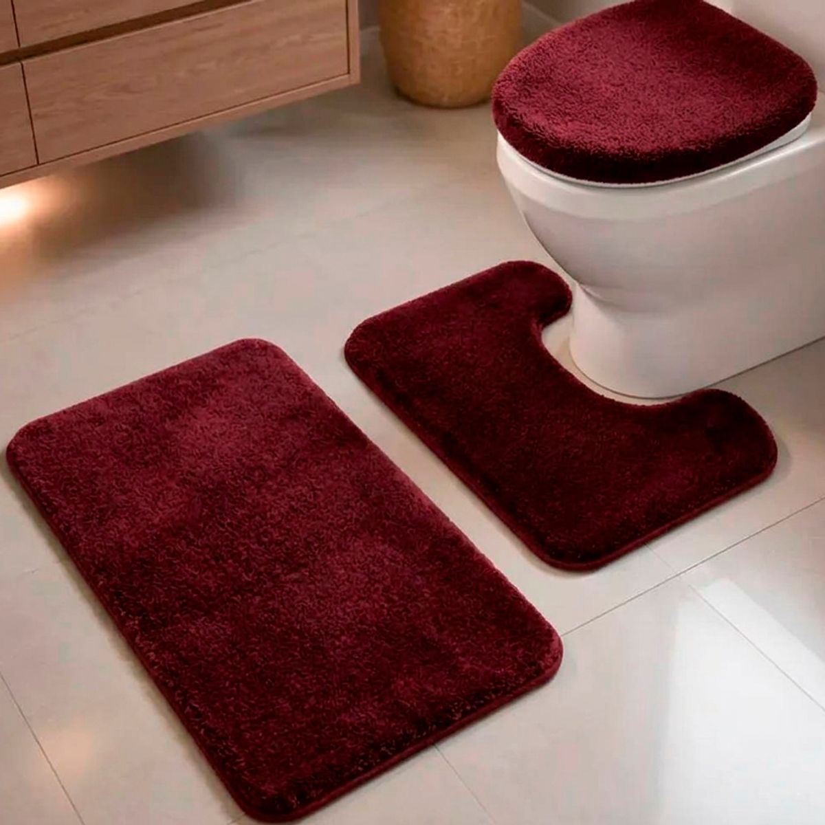 Set De Baño Juego De Baño Alfombras Baño Cubre Tapa Wc 3 en 1 Burdeo, marca GENERICO - Foto Principal