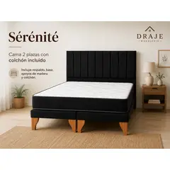 GENERICO - Cama Europea 2 Plazas Tapizado Lineal Felpa Negra con Colchón Bonnell