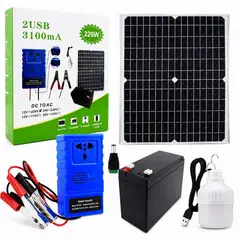 ACTUAL - Kit Emergencia Energía Solar Portátil Panel 20W Inversor 220W Batería 12V 2 USB Enchufe y Ampolleta