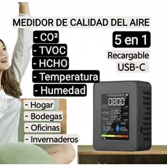 GENERICO - Medidor de calidad del aire 5 en 1. CO², TVOC, HCHO, temperatura, humedad. Recargable. Monitor CO2