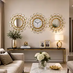 TOPSOC - Reloj Decorativo de Pared con 2 Espejos Dorados Moderno Diseño Sunburst 35 cm