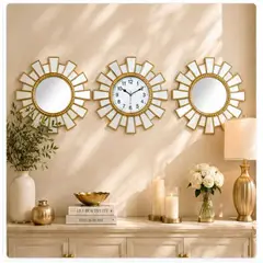 TOPSOC - Reloj Decorativo de Pared con 2 Espejos Dorados Moderno Diseño Sunburst 35 cm