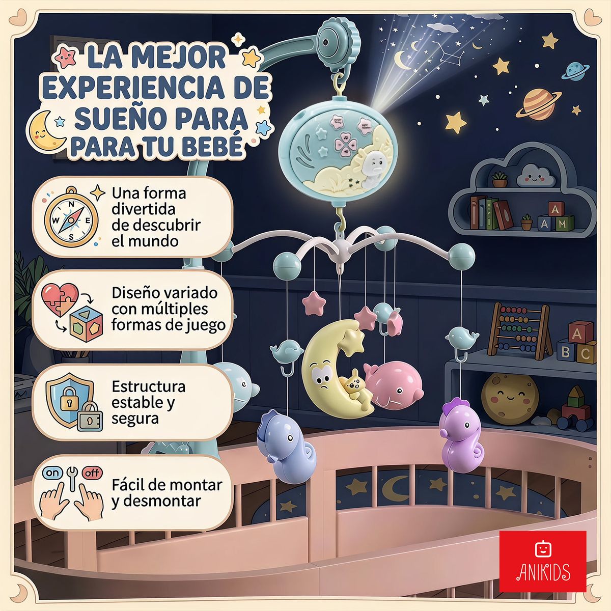 ANIKIDS - Móvil Musical Giratorio Para Cuna Bebé Con Proyector Juguete 56x58cm Color Azul