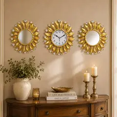 TOPSOC - Reloj Decorativo de Pared con 2 Espejos Dorados Moderno Diseño Sunburst 25 cm