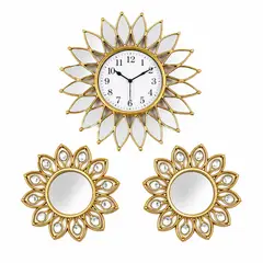 TOPSOC - Reloj Decorativo de Pared con 2 Espejos Dorados Moderno Diseño Sunburst 35 cm
