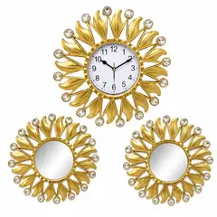 TOPSOC - Reloj Decorativo de Pared con 2 Espejos Dorados Moderno Diseño Sunburst 35 cm