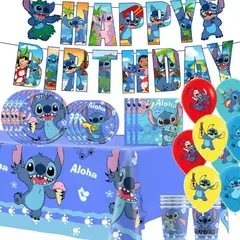 GENERICO - Set Cumpleaños diseño de Stich Cotillón Decoración + Tela