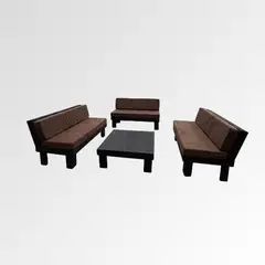 GENERICO - Set Terraza Industrial XL Negra 3 Sillones 1 mesa Estilo Japonesa Incluye Cojines Cafe