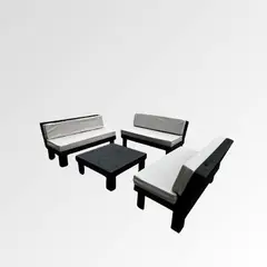 GENERICO - Set Terraza Industrial XL Negra 3 Sillones 1 mesa Estilo Japonesa Incluye Cojines Beige