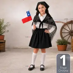 UTILISIMO - Traje Chilote Niña 3 Piezas Negro Baile Típico Fiestas Patrias
