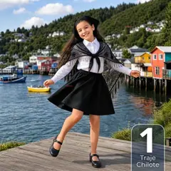 UTILISIMO - Traje Chilote Niña 3 Piezas Negro Baile Típico Fiestas Patrias