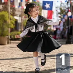 UTILISIMO - Traje Chilote Niña 3 Piezas Negro Baile Típico Fiestas Patrias