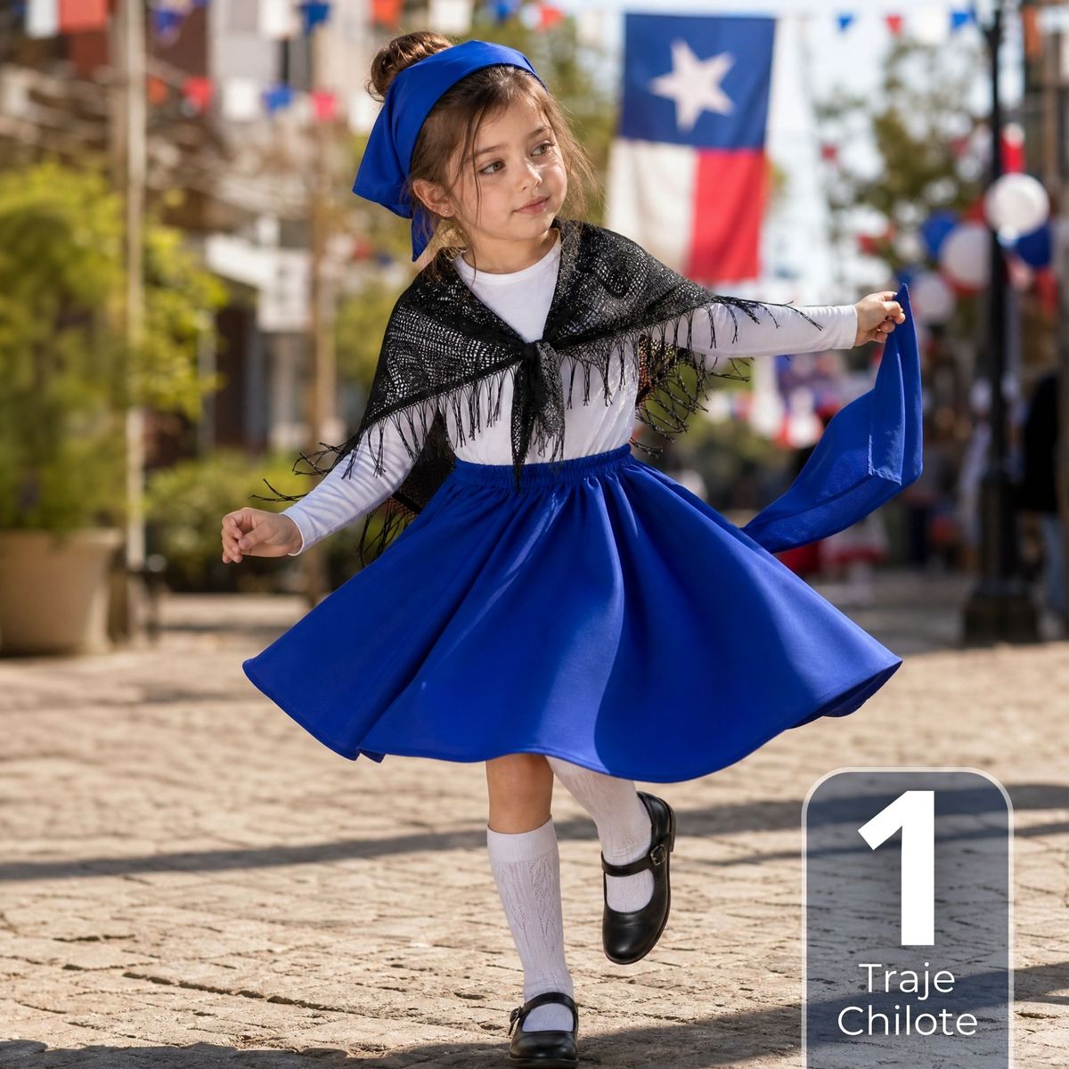 UTILISIMO - Traje Chilote Niña Azul Fiestas Patrias Con Polera 4 Piezas Tradicional Chilota