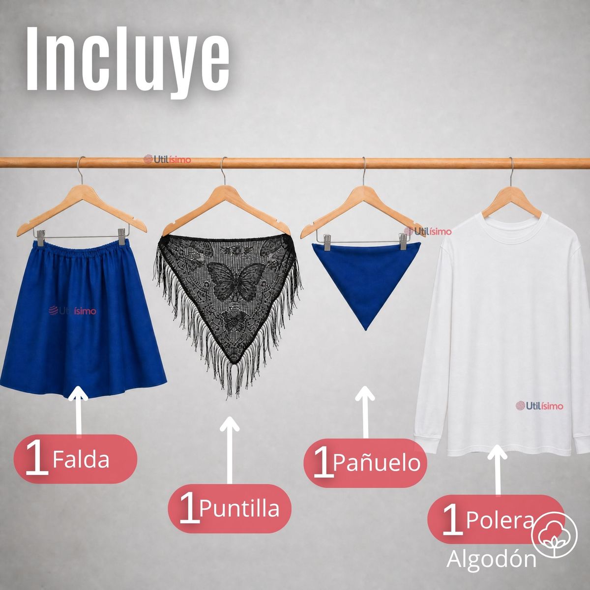 UTILISIMO - Traje Chilote Niña Azul Fiestas Patrias Con Polera 4 Piezas Tradicional Chilota