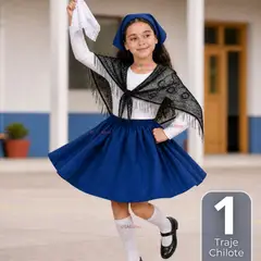 UTILISIMO - Traje Chilote Niña Azul Fiestas Patrias Con Polera 4 Piezas Tradicional