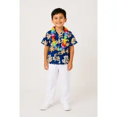 GENERICO - TRAJE TIPICO PASCUENSE O HAWAIANO AZUL 3 PIEZAS GUAYABERA, PANTALON Y COLLAR