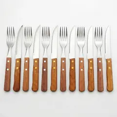 GENERICO - Set 12 Cubiertos Acero Inox Mango Madera Asado Quincho Hogar