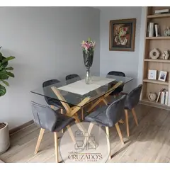 GENERICO - JUEGO COMEDOR MESA 140X90 + 4 SILLAS FELPA FIORI BEIGE