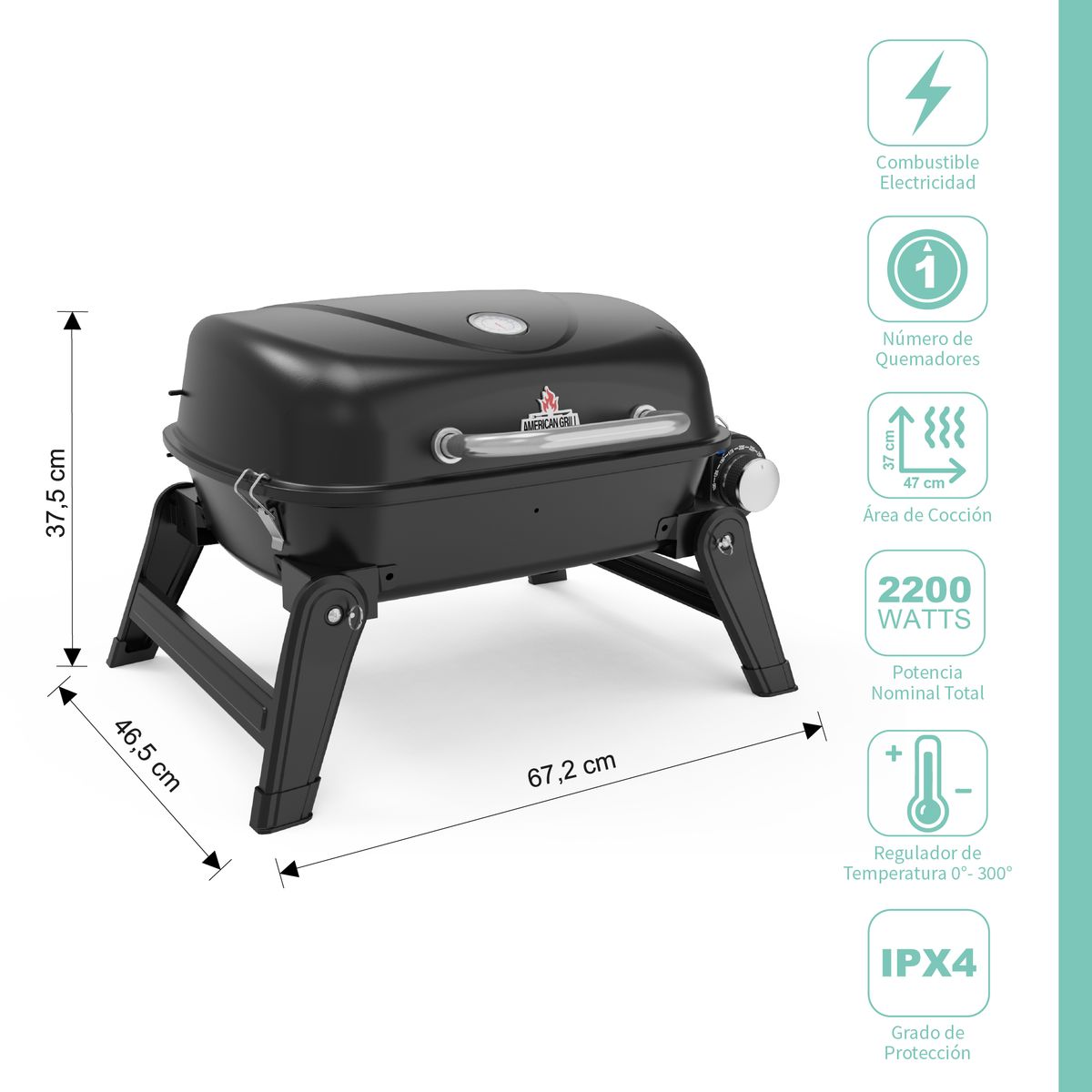 AMERICAN GRILL - Parrilla Exterior -Interior Electrica E1B  Aspen Black  + Carro Aspen