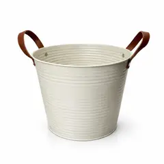FLIPEREX - Macetero Maceta Balde Metal Blanco Decorativo Asas Cuero