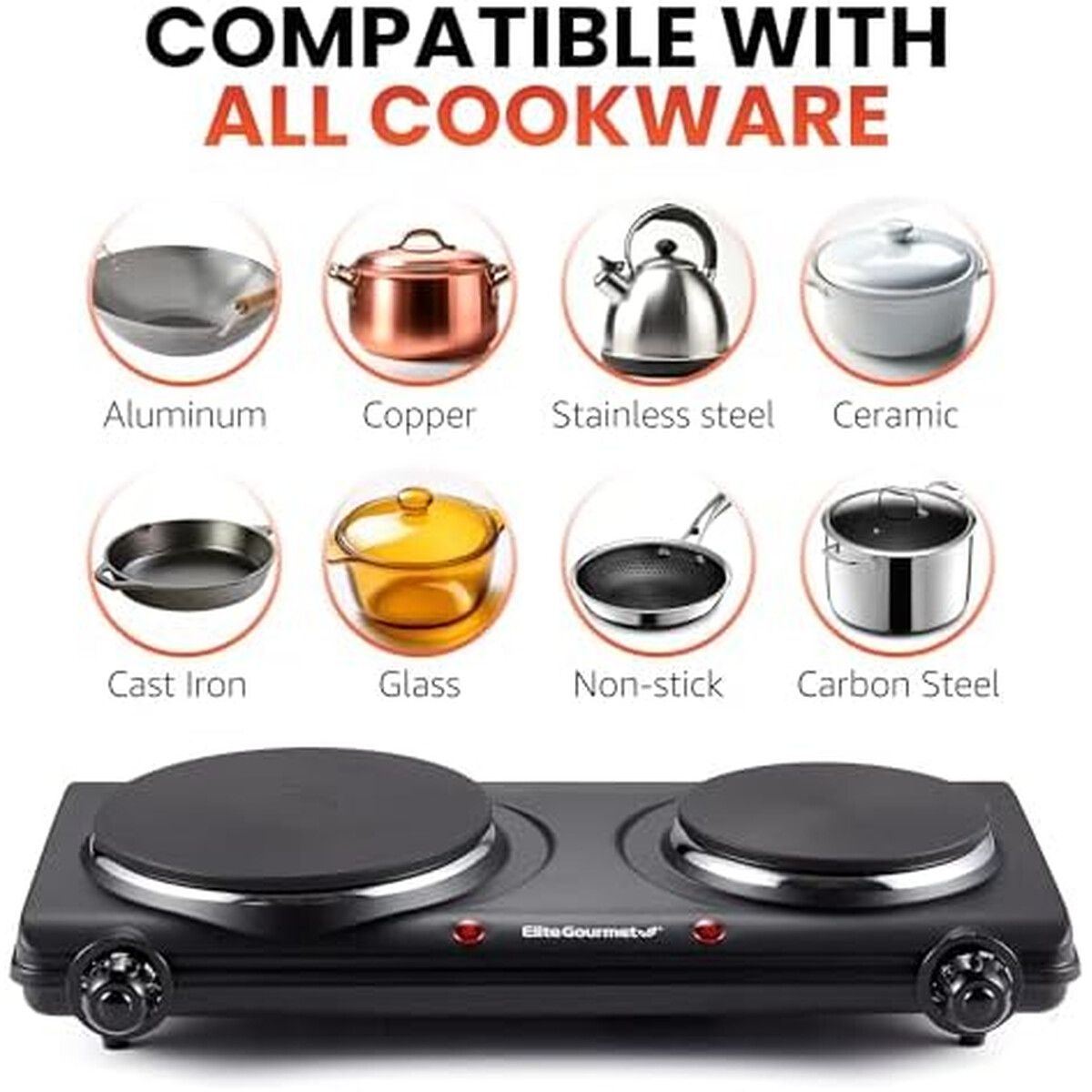 ELITE - Cocina Eléctrica Doble Elite Gourmet EDB302BF 1500W Hierro