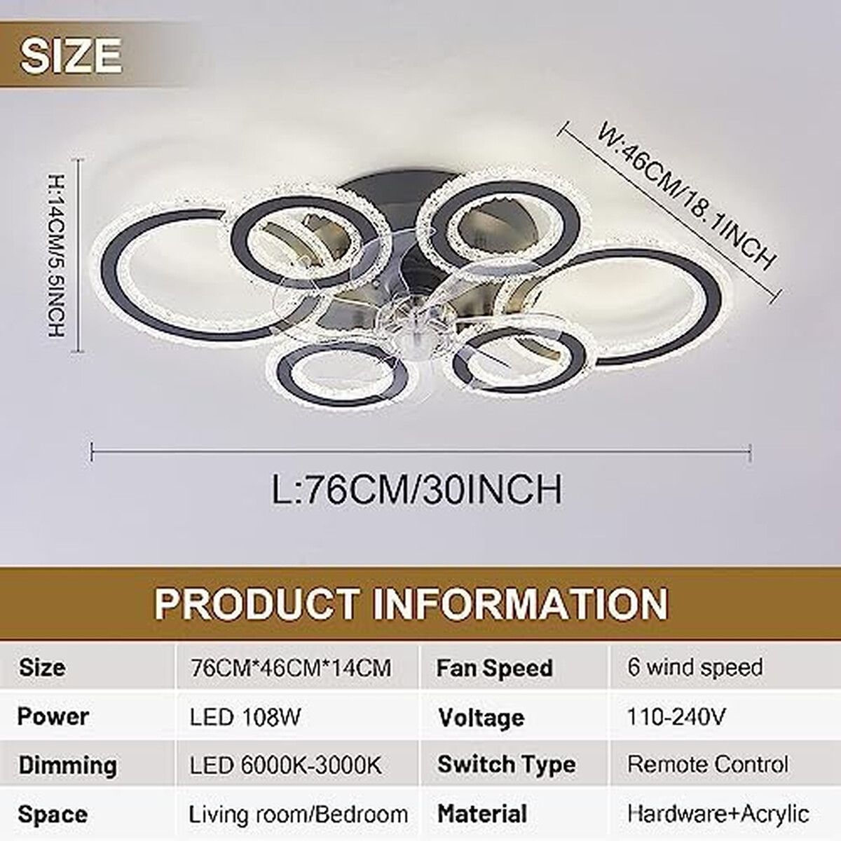 GENERICO - Ventilador Techo LVZECHEN 76CM Luz LED Motor DC 6 Velocidades