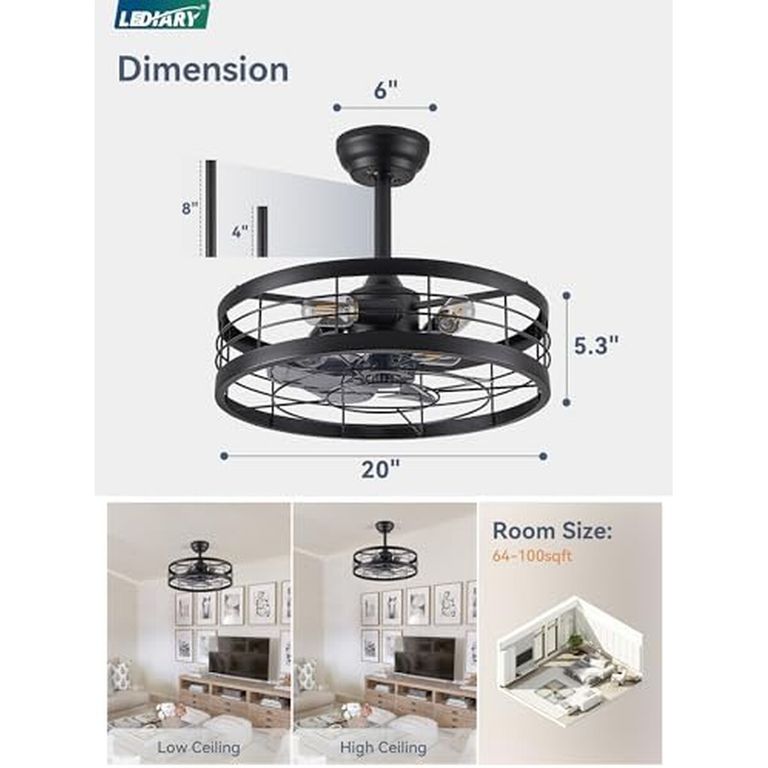 GENERICO Ventilador Techo LEDIARY 20 Pulgadas Jaula Luz Control Remoto
