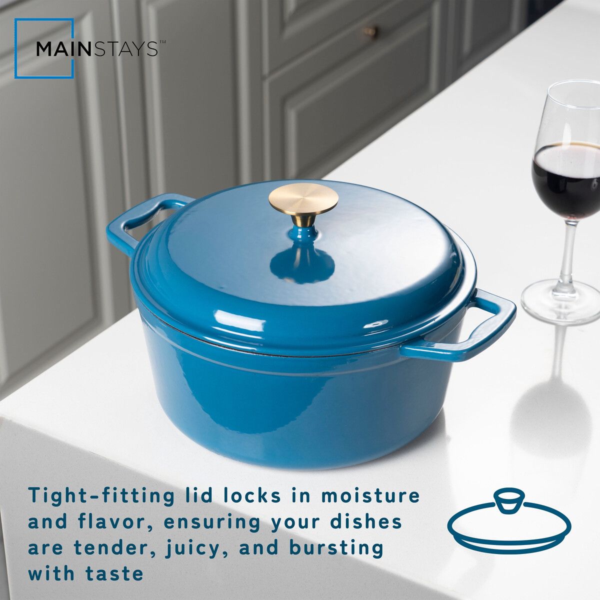 MAINSTAYS - Olla Hierro Fundido Mainstays 4.5L Antiadherente Azul Tapa