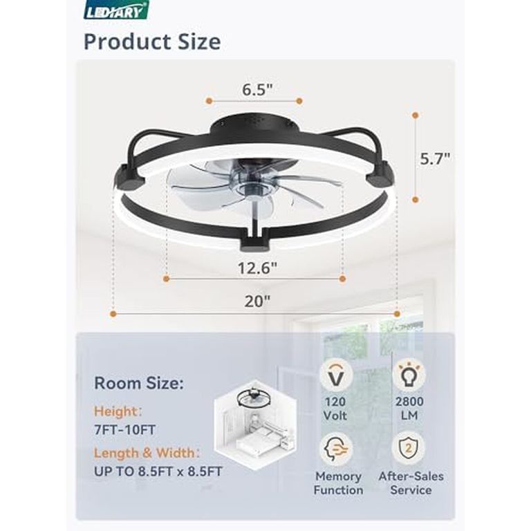 GENERICO Ventilador Techo LEDIARY 20 Pulgadas Luz Control Remoto Negro