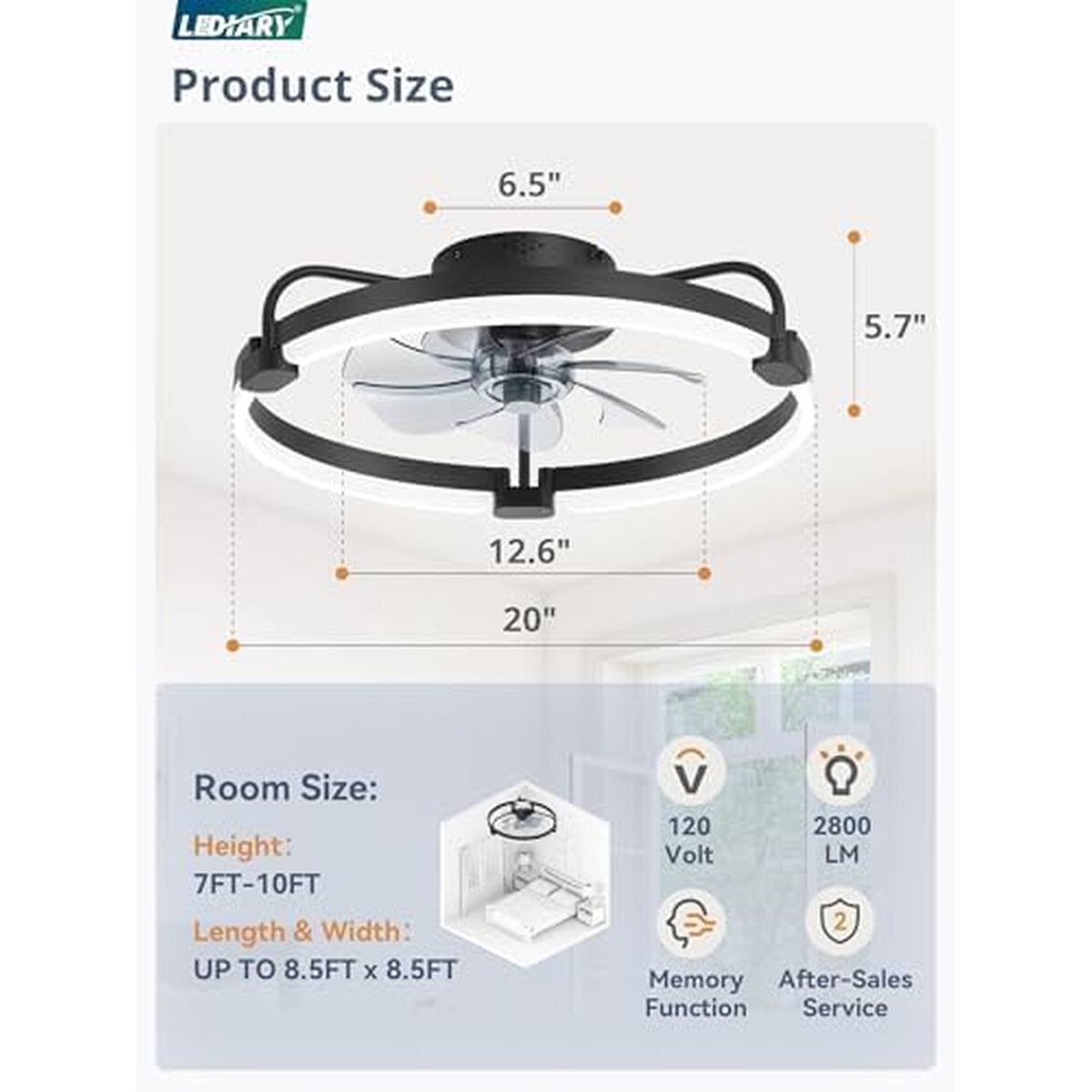 GENERICO - Ventilador Techo LEDIARY 20 Pulgadas Luz Control Remoto Negro