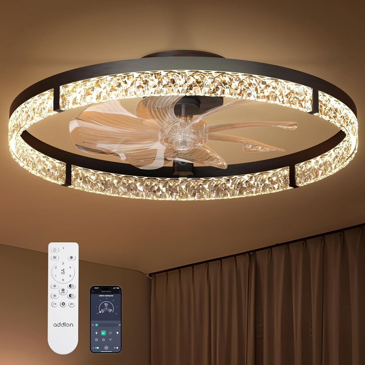 GENERICO - Ventilador Techo addlon 24 LED Control Remoto Negro Cristal
