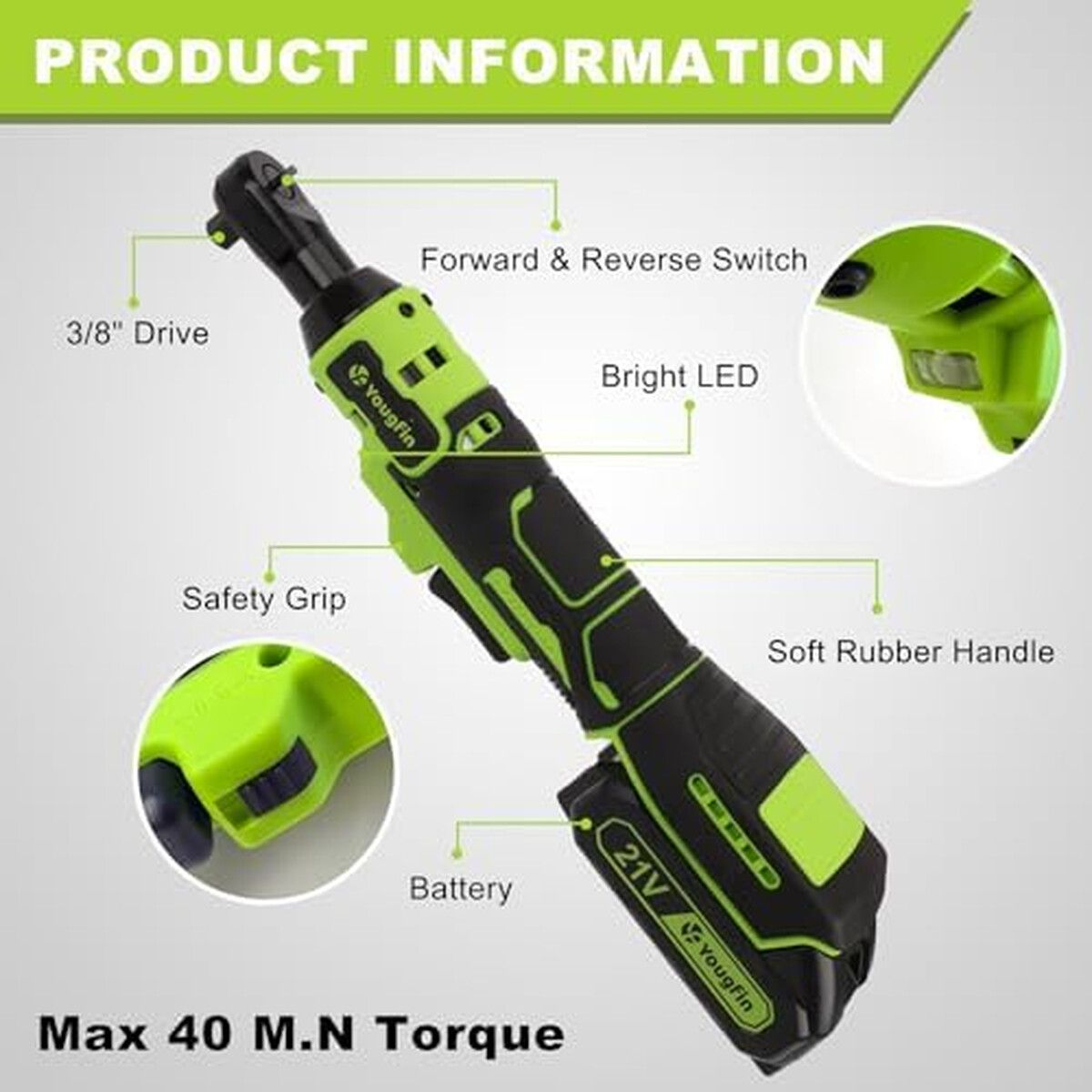 GENERICO - Llave Eléctrica Yougfin 21V 38 40Nm Inalámbrica Set
