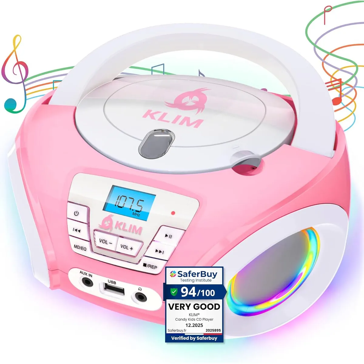 KLIM - Reproductor CD Portátil KLIM Candy Kids Boombox RGB FM USB
