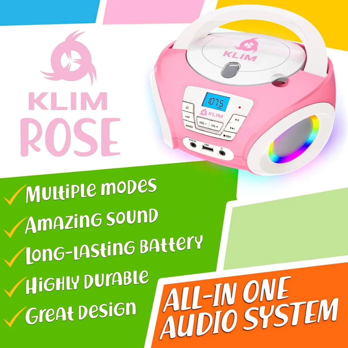 KLIM - Reproductor CD Portátil KLIM Candy Kids Boombox RGB FM USB