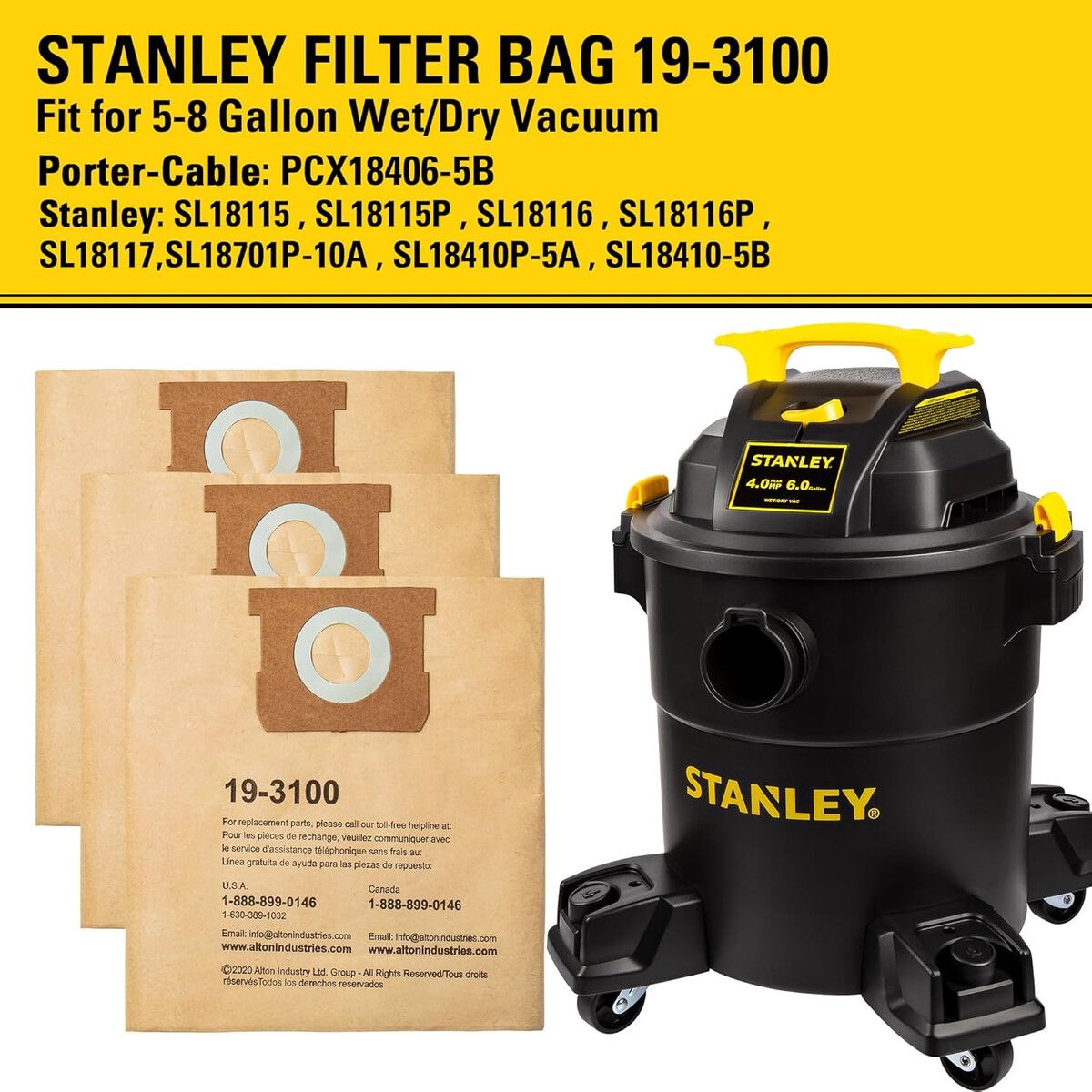 STANLEY - Bolsa Filtro Stanley 193100 3 Unidades Para Aspiradora 58 Gal