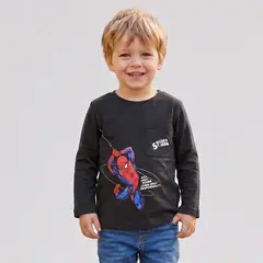 MARVEL - Polera Manga Larga Niño Spiderman Bolsillo Negro