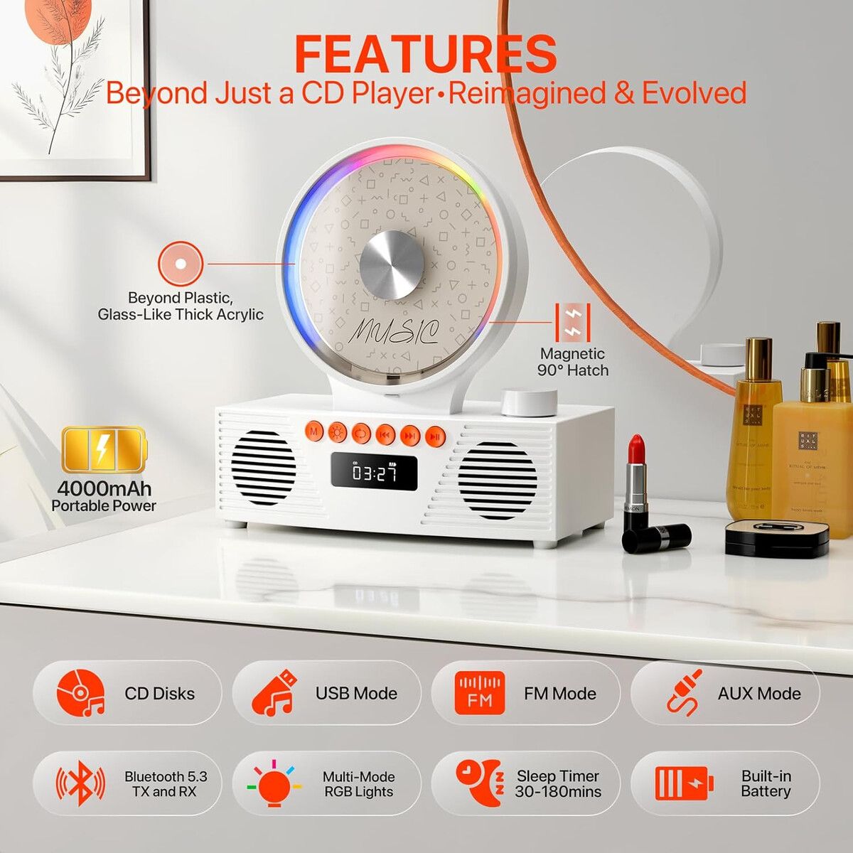 GENERICO - Reproductor CD Retro ROADOM Bluetooth USB FM Luz Ambiente