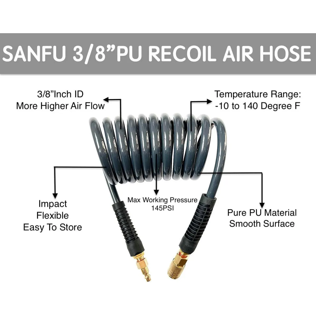 GENERICO - Manguera Espiral PU SANFU 10FT 12mm 145PSI Latón