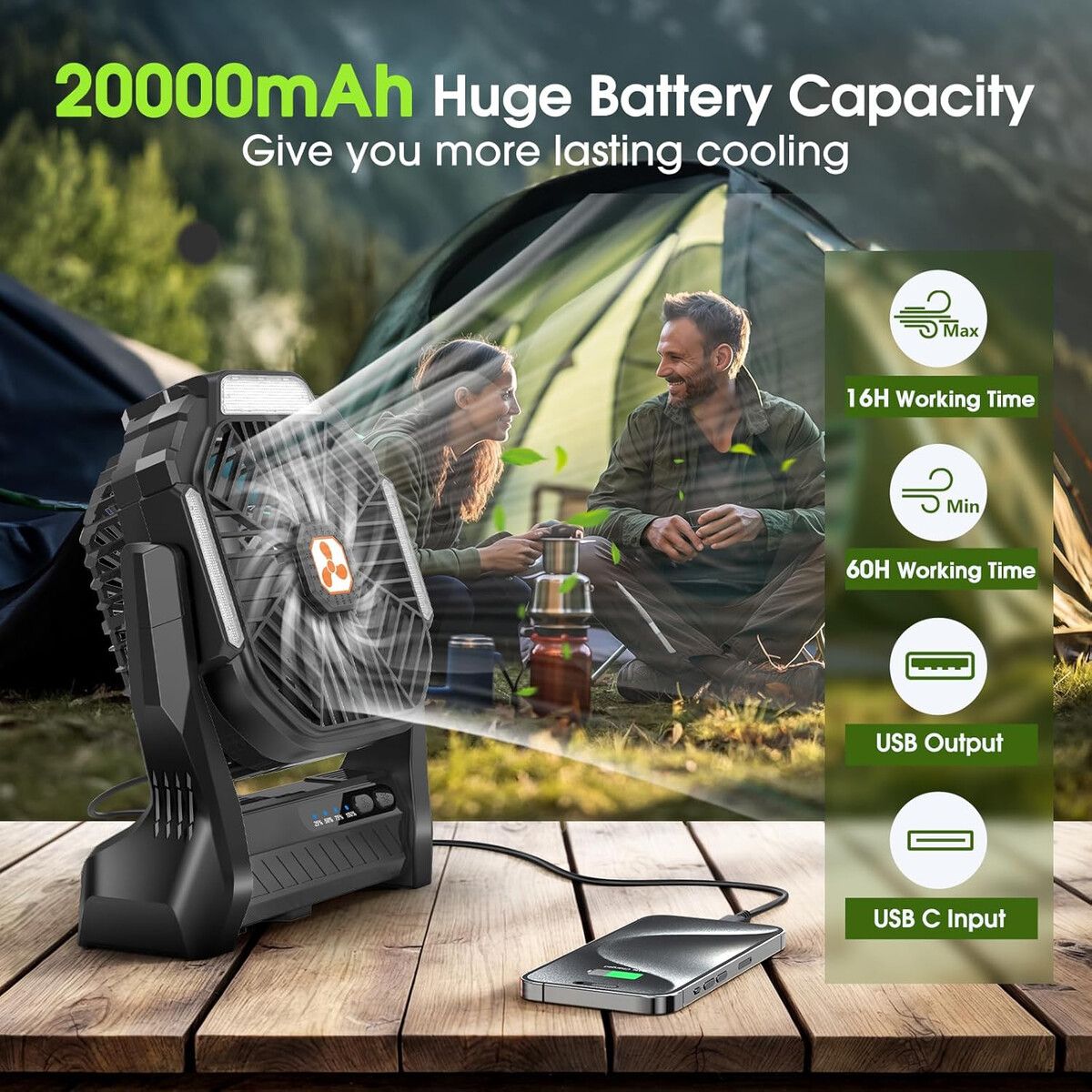 GENERICO - Ventilador Portátil Peouix 20000mAh Recargable LED USB Camping