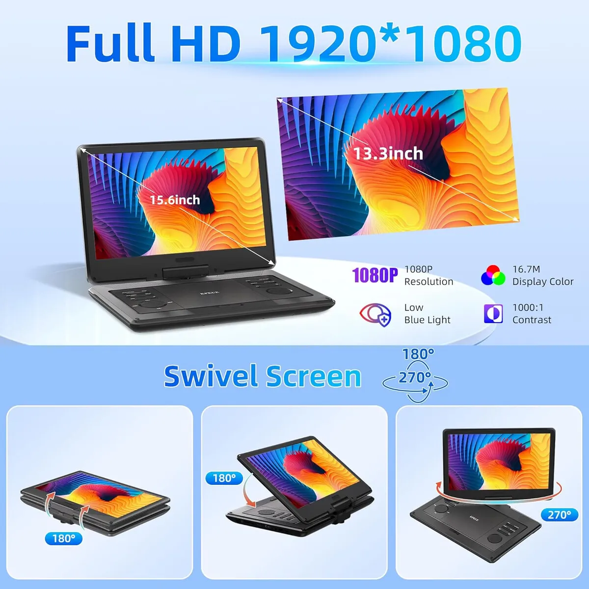 GENERICO - DVD Portátil KPKUE 15.6 FHD 1920x1080 HDMI Pantalla Giratoria