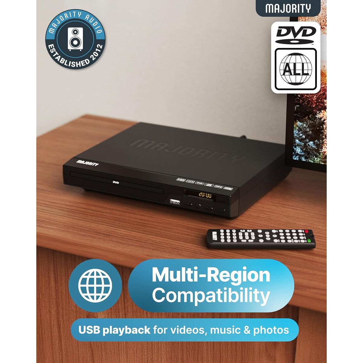 GENERICO - Reproductor DVD Majority HDMI 1080P Región Free USB LCD