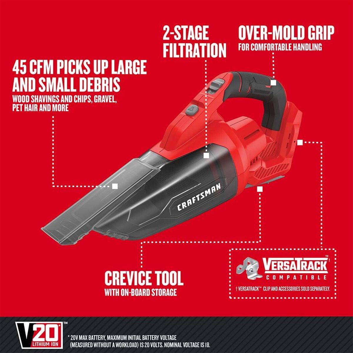 CRAFTSMAN - Aspiradora de Mano CRAFTSMAN V20 Inalámbrica 45CFM 2 Filtros