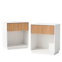 SPACEZAT - Set de 2 Veladores Blanco y Madera Acanalado Forli
