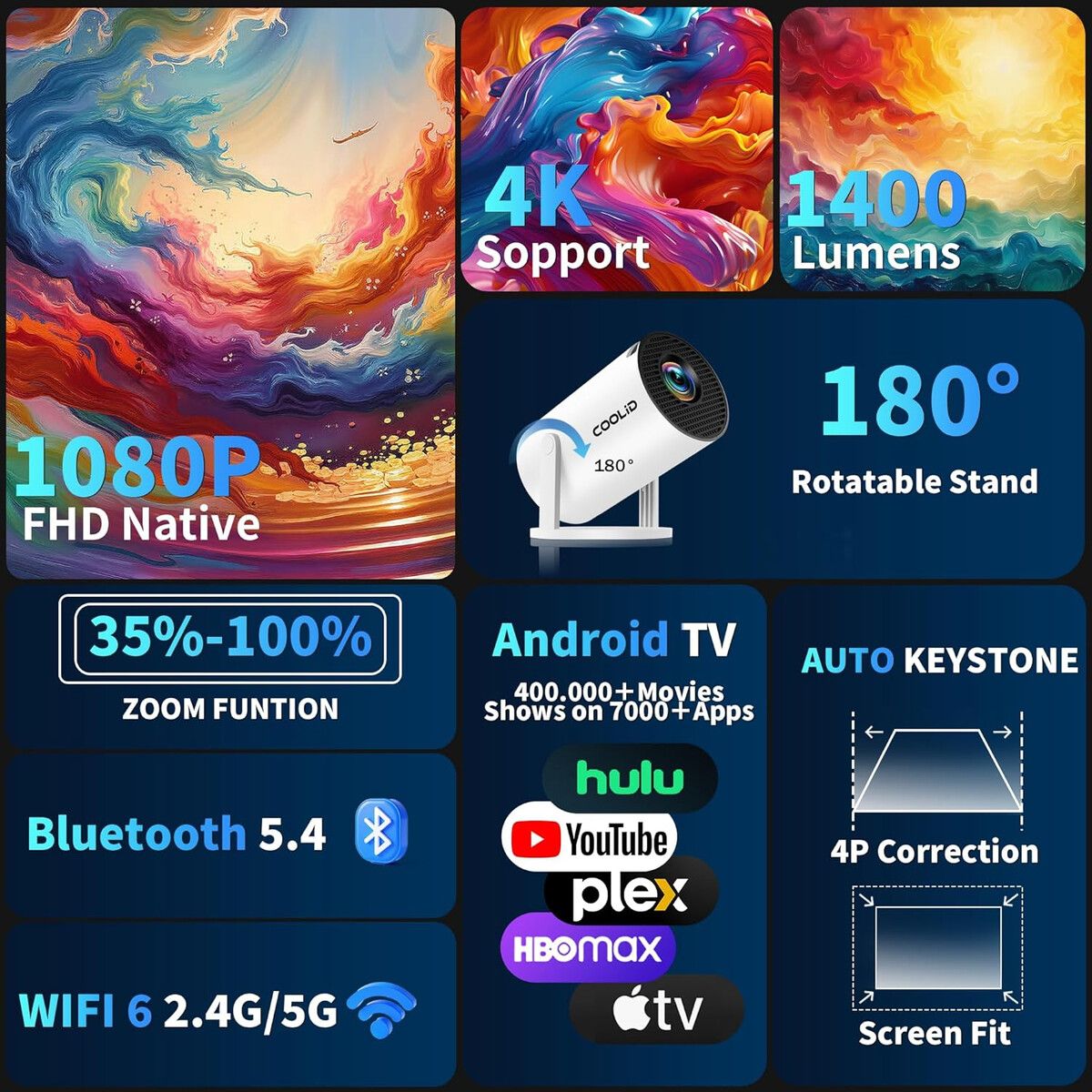 GENERICO - Proyector Mini Coolid C2 4K 1080P WiFi6 Bluetooth Apps