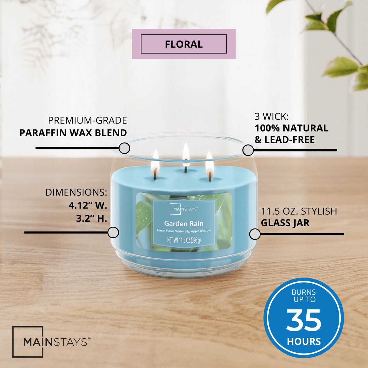 AROMATICA - Vela Aromática Mainstays 3 Mechas Garden Rain 326g